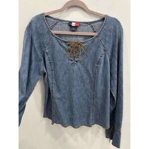 French Kuff Chambray Lace Up Denim Top Large Cotton Boho Bell Sleeve Y2K